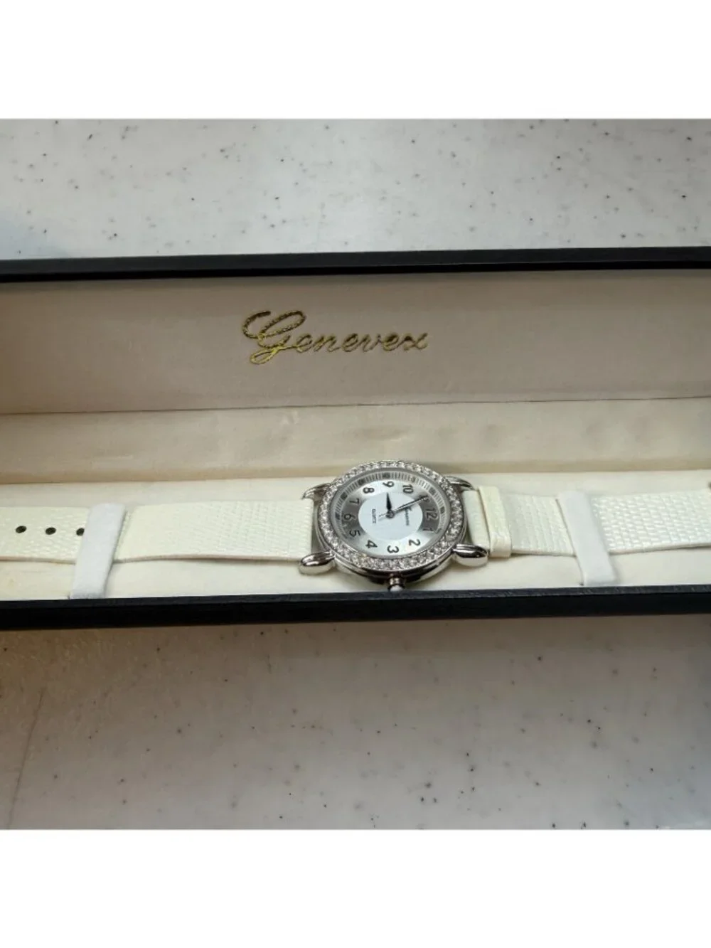 GENEVEX Cubic Zirconia Case MOP Dial ~ White Leather Women’s Watch NWT